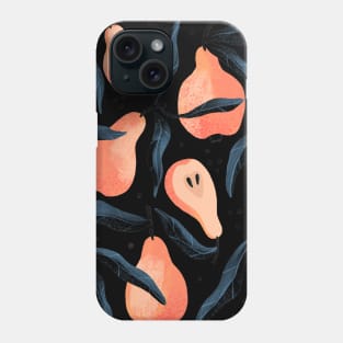 Pretty orange pear pattern with leaves on black background. Phone Case