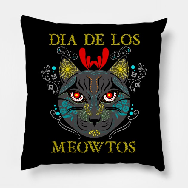 Dia De Los Meowtos Sugar Skull Cat Pillow by teepartee