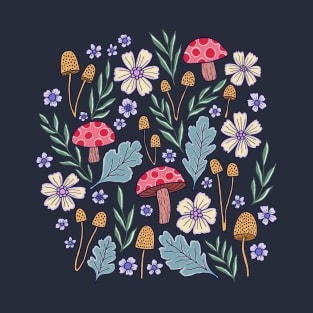 Forest fungi and flora - Dark blue T-Shirt