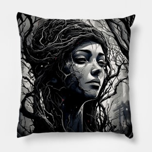 and white image depicts a woman with a tree sprouting blackfrom her head Pillow