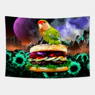 surreal hamburger lovebird Tapestry