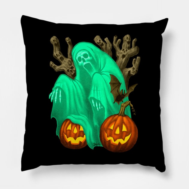 Vintage Halloween "Draw This In Your Style": Halloween Ghostcard Pillow by Chad Savage