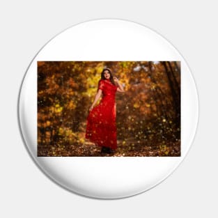 Woman in red dress in the oak forest, full body Pin