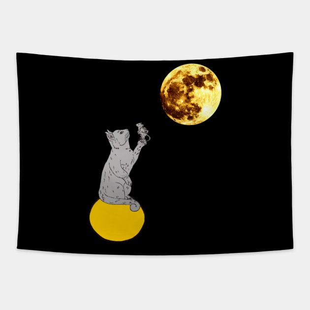 A cat catches a mouse in a moon Tapestry by mohamedenweden