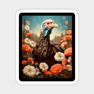 Retro Rustic Farm Turkey in the Flowers - Vintage Bird Art Magnet