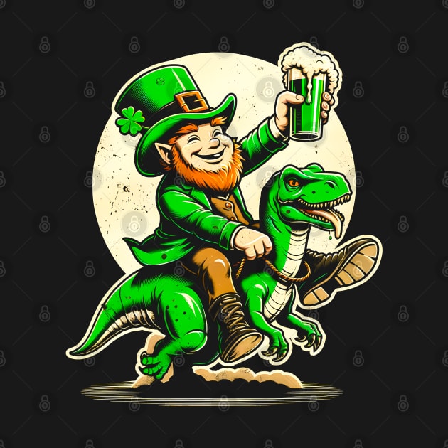 Irish Fantasy: Leprechaun Astride T-Rex Celebration Shirt for St. Patrick's by Klimek Prints