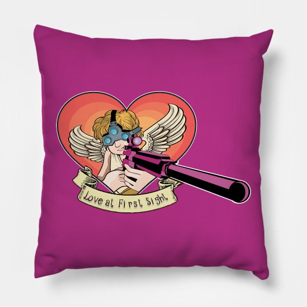 Love at First Sight Cupid With a Rifle Valentines Day Pillow by FungibleDesign