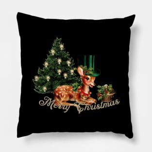 Merry Christmas, cute little fawn with hat and christmas tree Pillow