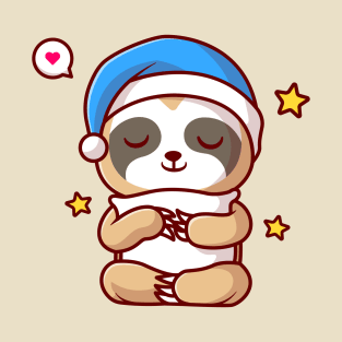 Cute Sloth Sleeping With Pillow And Star Cartoon T-Shirt