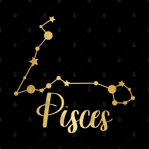 Pisces Zodiac Constellation in Gold - Black by Kelly Gigi