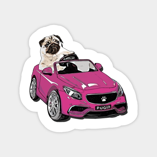 Pug Racer - Pug Driving Car Magnet by CreativeFlares