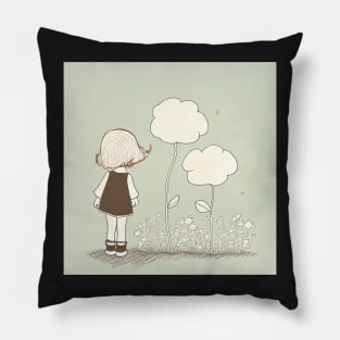 Cute Girl Flower Illustration Minimalist Pillow