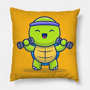 Cute Turtle Lifting Dumbbells Cartoon Illustration Pillow