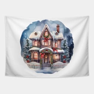 Christmas house watercolor Tapestry