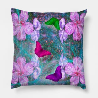 Fabulous pink hibiscus and vibrant butterflies Pillow