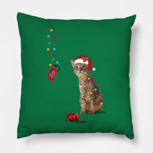 Santa Cat Tangled Up In Christmas Lights Pillow