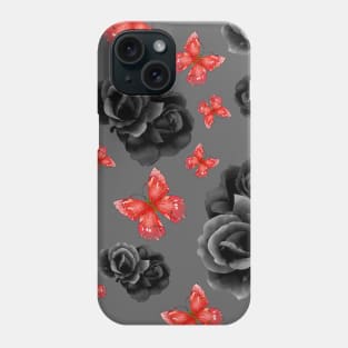 Red Butterflies and Black Roses w/ gray background Phone Case