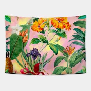 Colorful tropical floral leaves botanical illustration, tropical plants,leaves and flowers, pink leaves pattern Tapestry