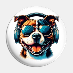 Staffordshire Bull Terrier DJ Smiling with Funky Beats Pin