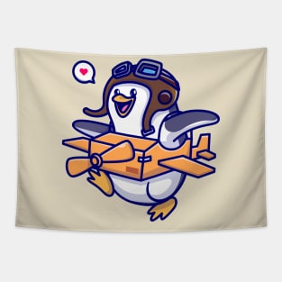 Cute Penguin Playing With Cardboard Plane Cartoon Tapestry