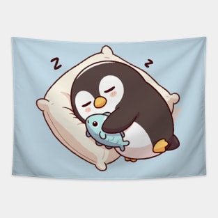 cute penguin sleeping with a fish bolster Tapestry