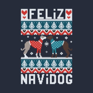 Feliz Navidog witty wordplay fair isle greyhounds // spot // teal and navy background cute dogs dressed with teal and red knitted Christmas ugly sweaters pixel art T-Shirt