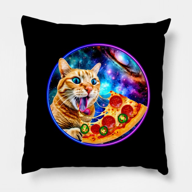 Funny Orange Cat eating Pizza in Space Pillow by dukito