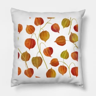 Physalis flowers watercolor seamless pattern. Golden berry plants. Cape gooseberry buds. Colorful autumn leaves structure Pillow