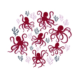 Freckled Octopus and Coral in Red, Mauve and Black T-Shirt