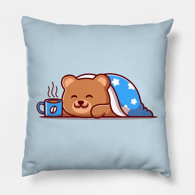 Cute Bear Wearing Blanket With Hot Coffee Cup Cartoon Pillow by Catalyst Labs