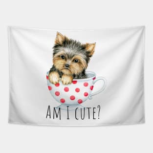 Cute Yorkshire terrier, cute puppy, puppy in a cup Tapestry