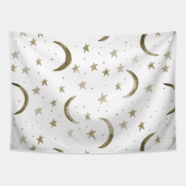 Earthy boho moons and stars - watercolor magic night sky Tapestry by katerinaizotova