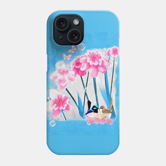 Fairy Wrens and Flowers Phone Case by KC Morcom aka KCM Gems n Bling aka KCM Inspirations