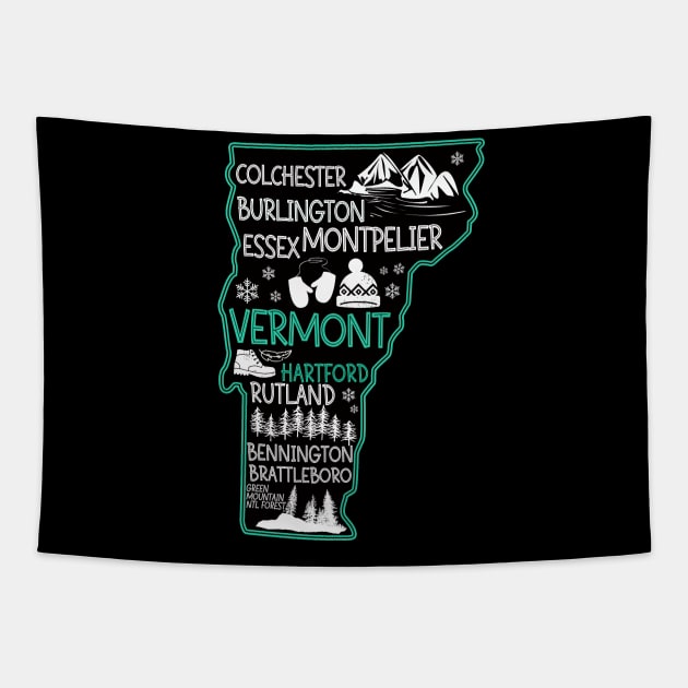 Vermont Hartford cute map Burlington Rutland Bennington Brattleboro Colchester Tapestry by BoogieCreates