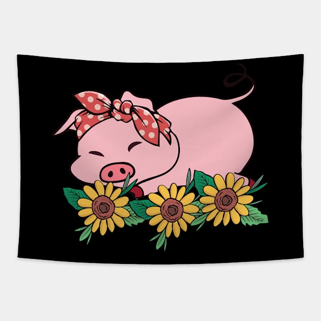 Cute Pig Bandana Sunflower Tapestry by AngelBeez29