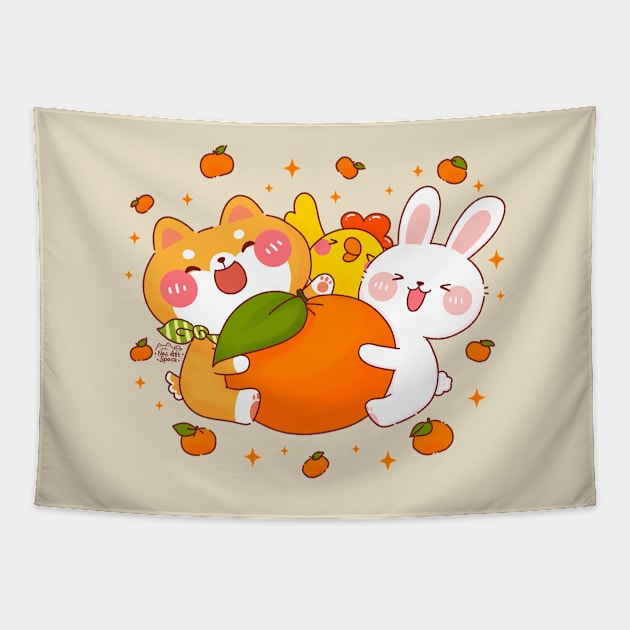 Shiba Inu Bunny Chick Orange Tapestry by Nas.ArtSpace