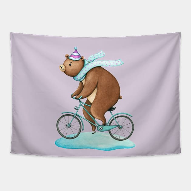 Happy brown bear on a bicycle Tapestry by Nopi Pantelidou