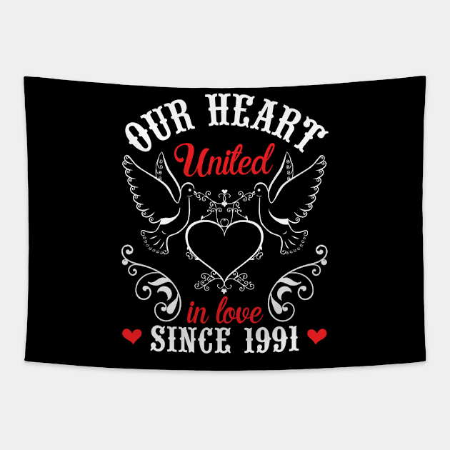 Husband Wife Our Heart United In Love Since 1991 Happy Wedding Married 29 Years Anniversary Tapestry by joandraelliot