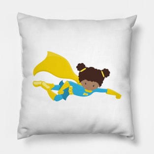 African American Girl, Superhero Girl, Yellow Cape Pillow