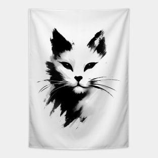 Sumie Japanese Brushstroke White Cat Portrait Tapestry