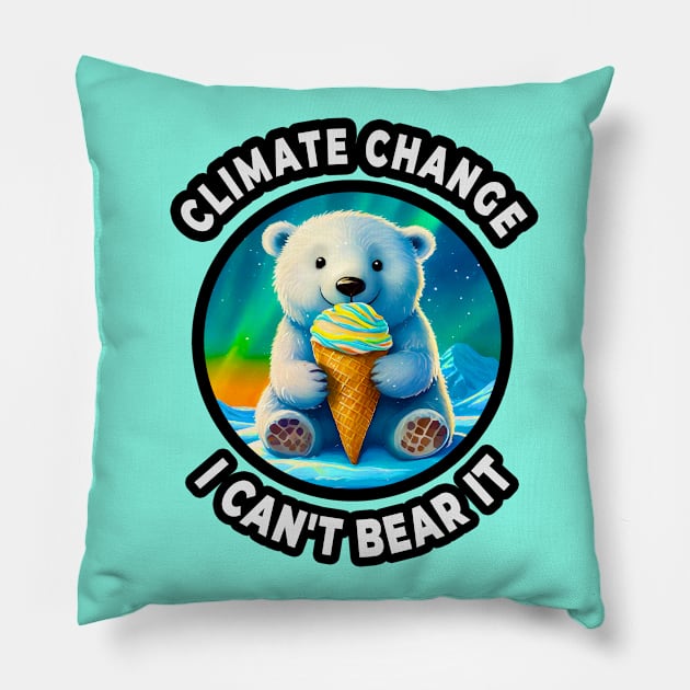 ❄️ Cute Polar Bear Cub on Ice, Licking an Ice Cream Cone Pillow by Pixoplanet