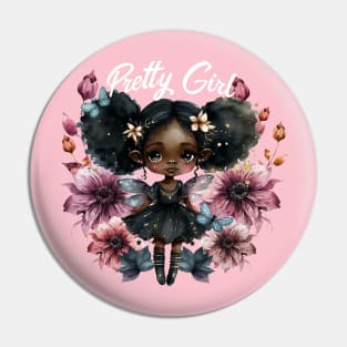 Pretty Black Girl Fairy with Pink Flowers Pin