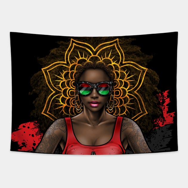 Black Beauty With Afro Love Yoga and Pan African Flag Tapestry by Winya