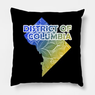 Colorful mandala art map of District of Columbia with text in blue and yellow Pillow