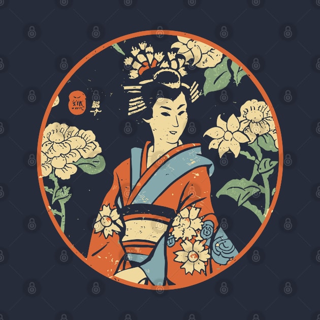 Woodblock print Japanese geisha in a temple garden by craftydesigns