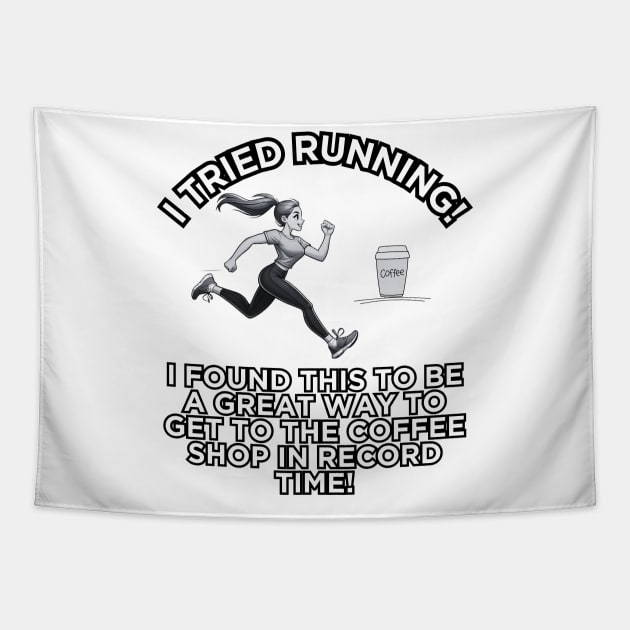 Caffeine Sprint: Coffee Shop Dash Humor Tapestry by vk09design