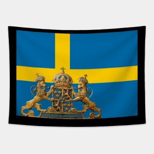 Swedish flag with Swedish coat of arms in foreground. Tapestry