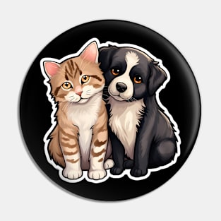 Cute Ginger Tabby Cat and Black and White Puppy Buddies Pin