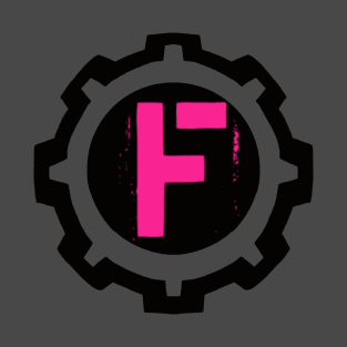 Pink Letter F in a Black Industrial Cog T-Shirt