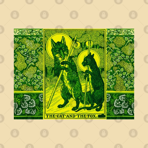 THE CAT AND THE FOX Forest Animals Yellow Green Floral by BulganLumini